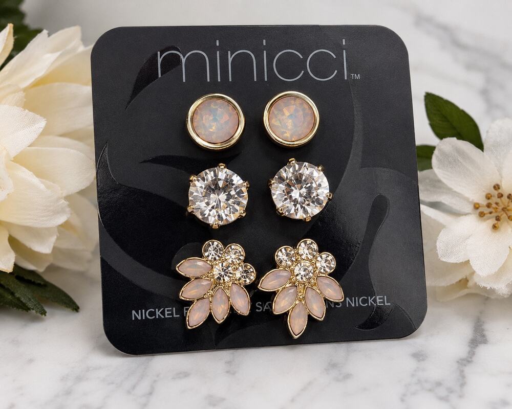 Minicci Set of 3 Gold Tone Stud Earrings Opal Rhinestone Pink Quartz Cluster NWT